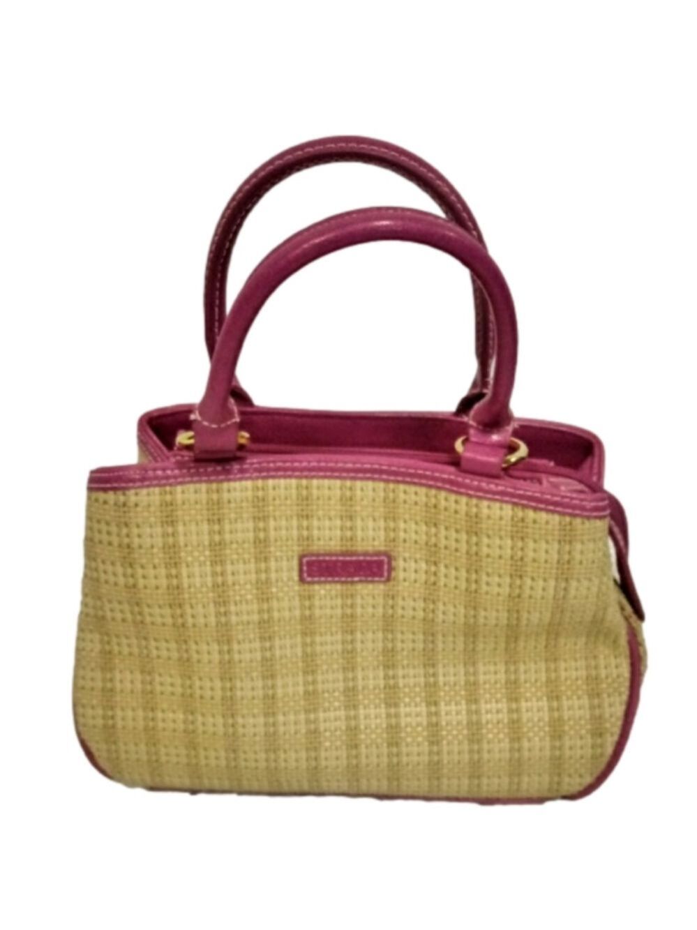 Strada Tan Pink Faux Leather Trim Woven Three Compartment Zip Snap Casual Bag